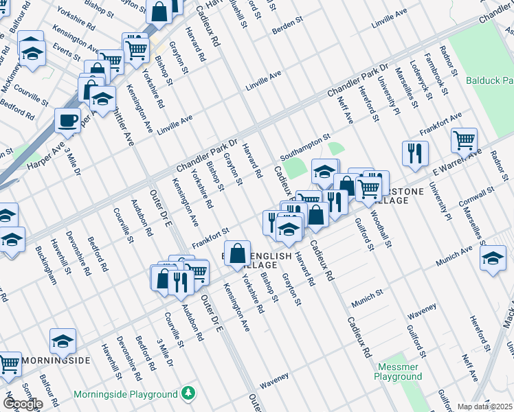 map of restaurants, bars, coffee shops, grocery stores, and more near 5214 Grayton Street in Detroit