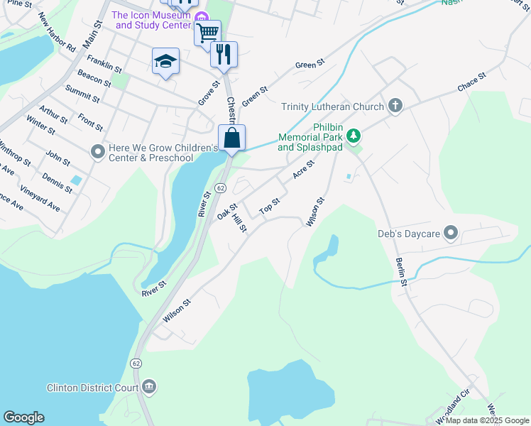 map of restaurants, bars, coffee shops, grocery stores, and more near 50 Top Street in Clinton