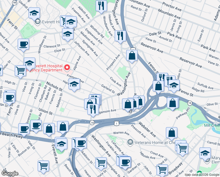 map of restaurants, bars, coffee shops, grocery stores, and more near 45 Kimball Road in Chelsea