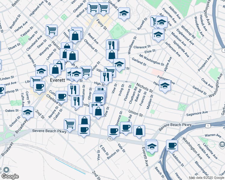 map of restaurants, bars, coffee shops, grocery stores, and more near 121 Ferry Street in Everett