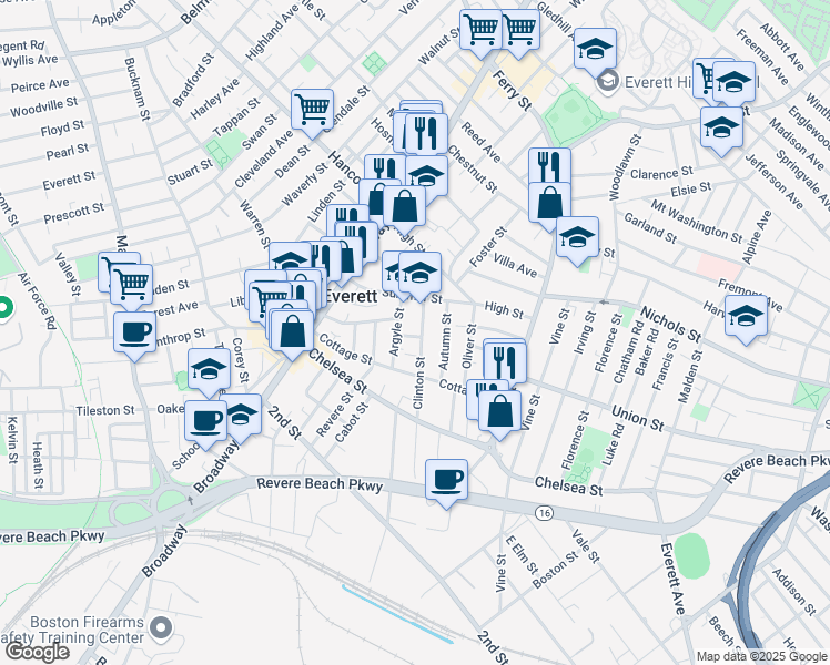 map of restaurants, bars, coffee shops, grocery stores, and more near 89 Clinton Street in Everett