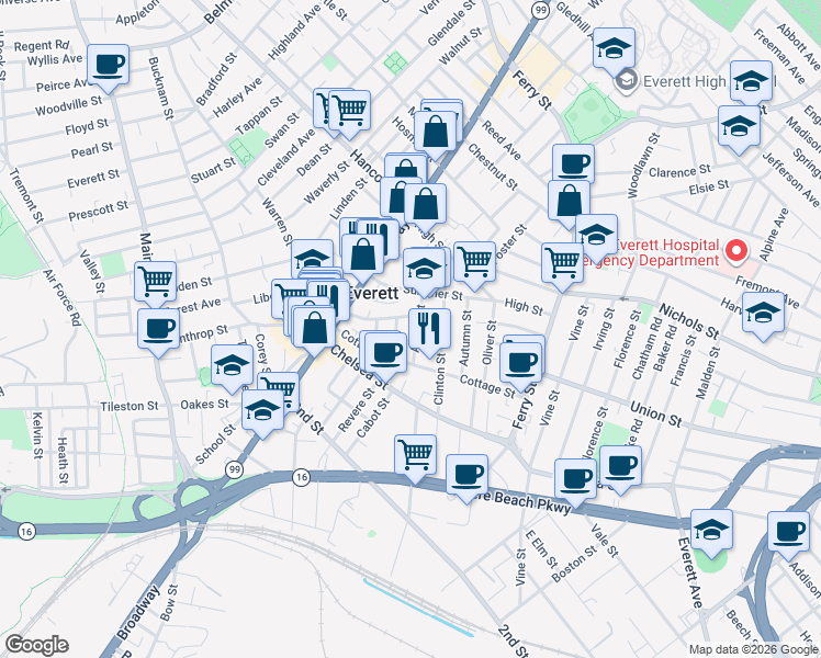 map of restaurants, bars, coffee shops, grocery stores, and more near 60 Mansfield Street in Everett