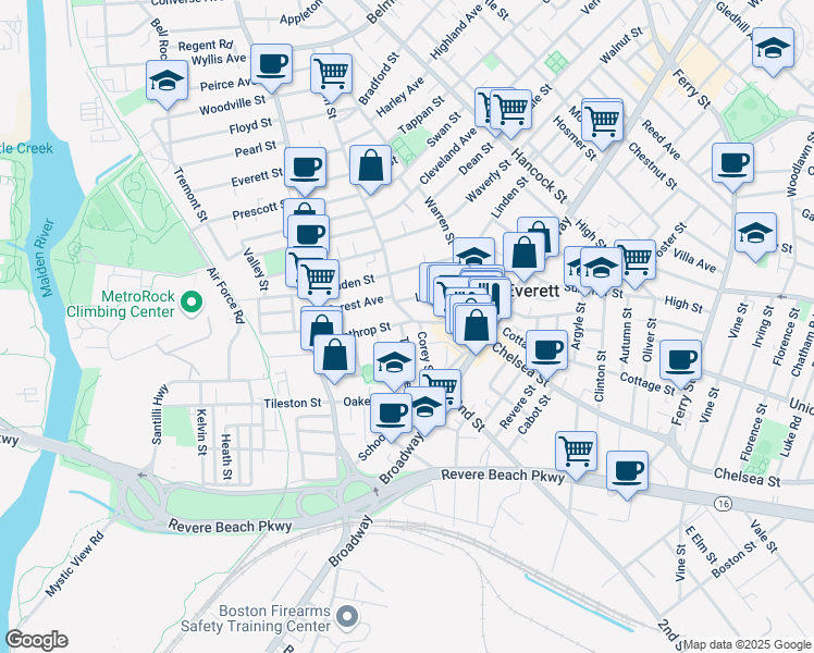map of restaurants, bars, coffee shops, grocery stores, and more near 17 Liberty Street in Everett