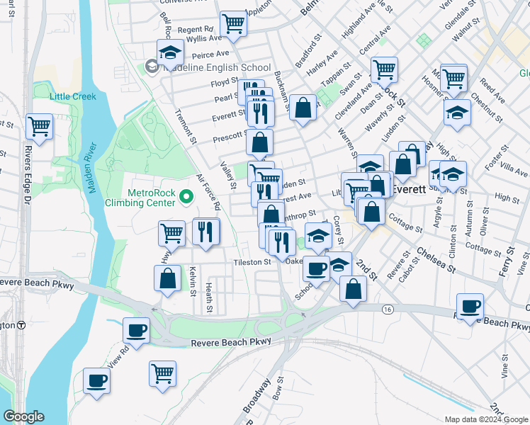 map of restaurants, bars, coffee shops, grocery stores, and more near in Everett