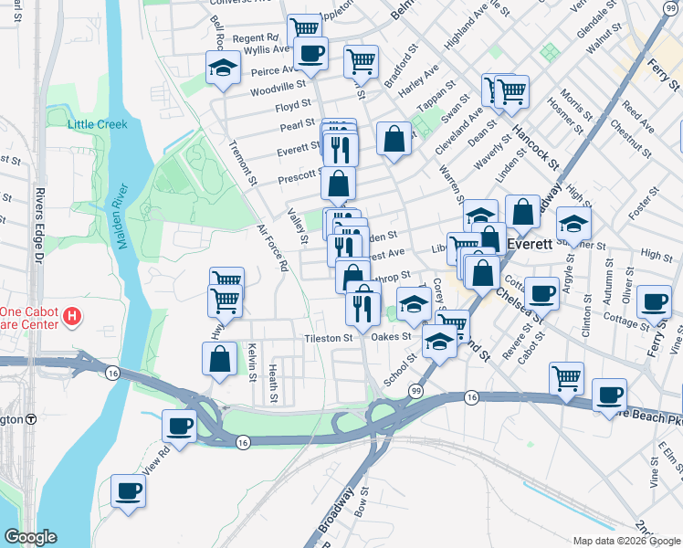 map of restaurants, bars, coffee shops, grocery stores, and more near in Everett