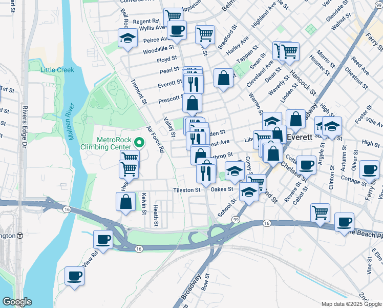 map of restaurants, bars, coffee shops, grocery stores, and more near in Everett