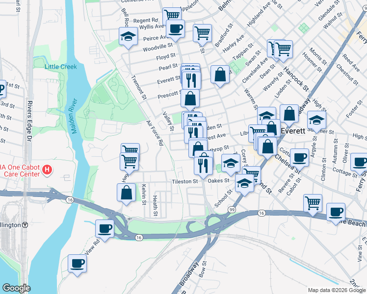map of restaurants, bars, coffee shops, grocery stores, and more near in Everett