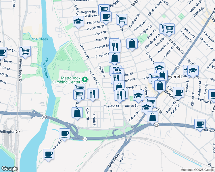 map of restaurants, bars, coffee shops, grocery stores, and more near 38 Waters Avenue in Everett