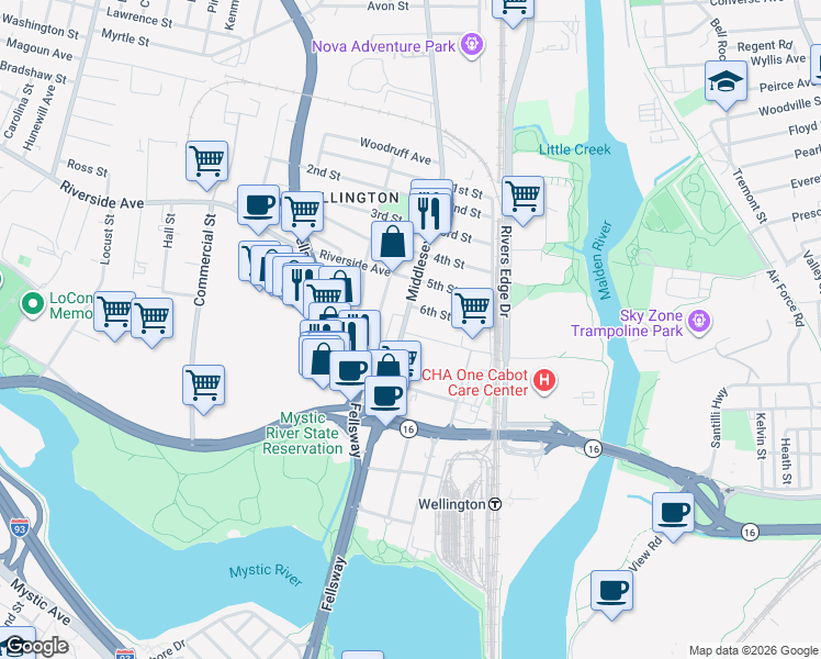 map of restaurants, bars, coffee shops, grocery stores, and more near 167 Middlesex Avenue in Medford