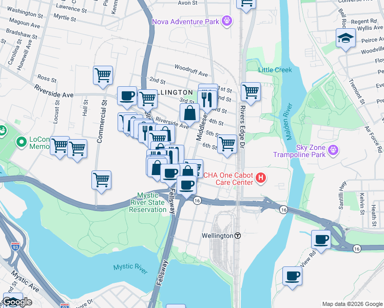 map of restaurants, bars, coffee shops, grocery stores, and more near 167 Middlesex Avenue in Medford