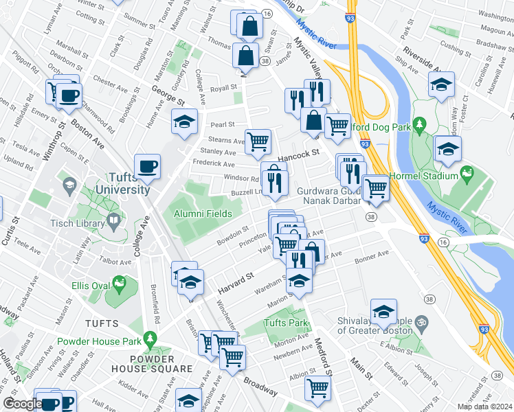 map of restaurants, bars, coffee shops, grocery stores, and more near 20 Buzzell Lane in Medford