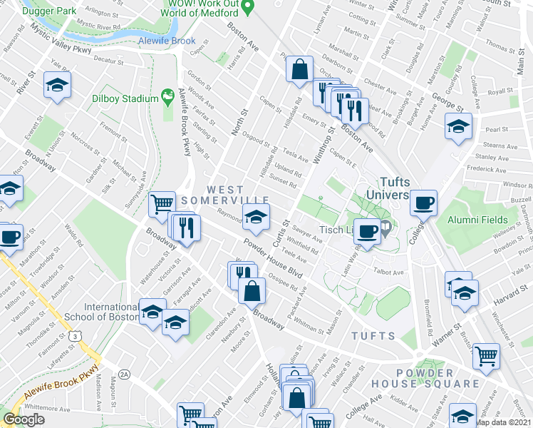 map of restaurants, bars, coffee shops, grocery stores, and more near 27 Curtis Avenue in Somerville