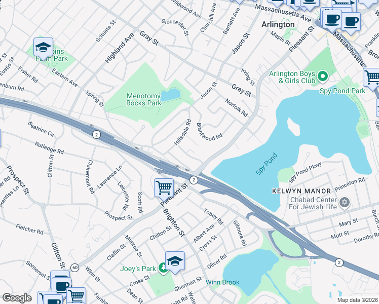 map of restaurants, bars, coffee shops, grocery stores, and more near 56 Hillsdale Road in Arlington