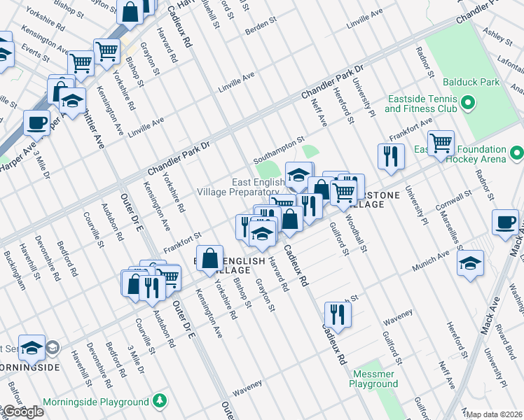 map of restaurants, bars, coffee shops, grocery stores, and more near 5107 Cadieux Road in Detroit