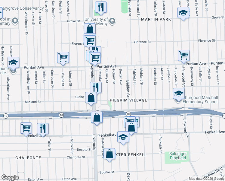 map of restaurants, bars, coffee shops, grocery stores, and more near 15811 Holmur Street in Detroit
