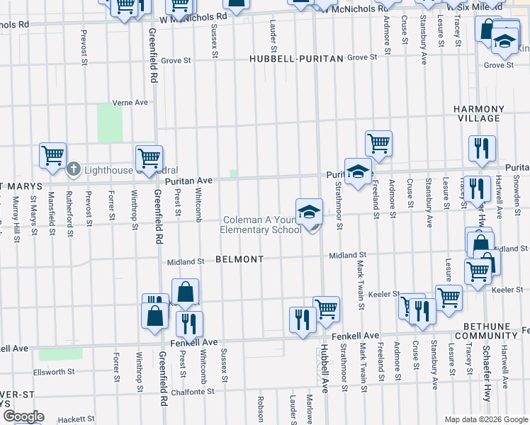 map of restaurants, bars, coffee shops, grocery stores, and more near 15853 Robson Street in Detroit