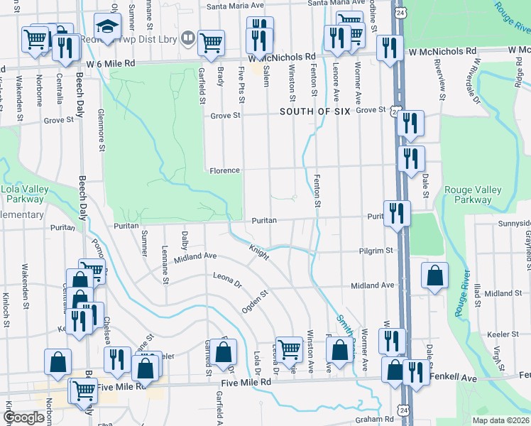 map of restaurants, bars, coffee shops, grocery stores, and more near 16174 Salem in Detroit