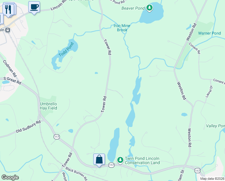 map of restaurants, bars, coffee shops, grocery stores, and more near 10 Millstone Lane in Lincoln