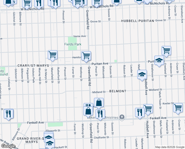 map of restaurants, bars, coffee shops, grocery stores, and more near 15888 Greenfield Road in Detroit
