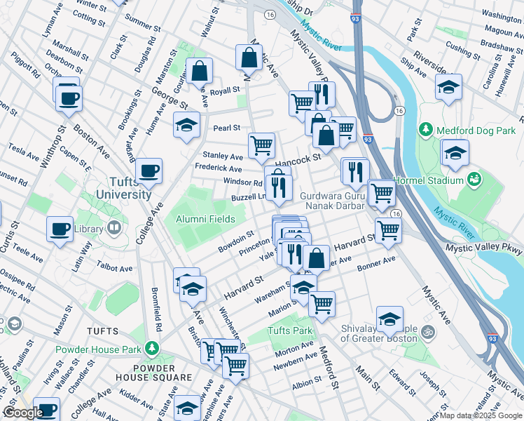 map of restaurants, bars, coffee shops, grocery stores, and more near 2 Vassar Street in Medford
