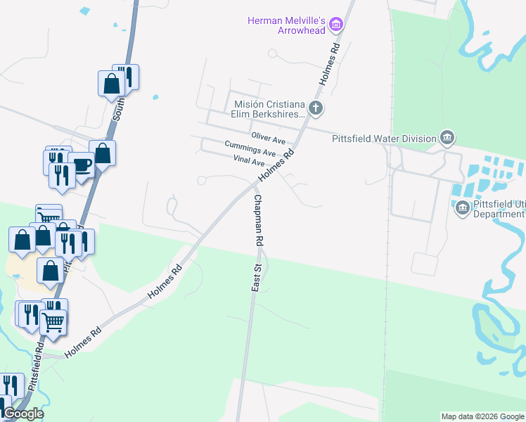 map of restaurants, bars, coffee shops, grocery stores, and more near 35 Chapman Road in Pittsfield