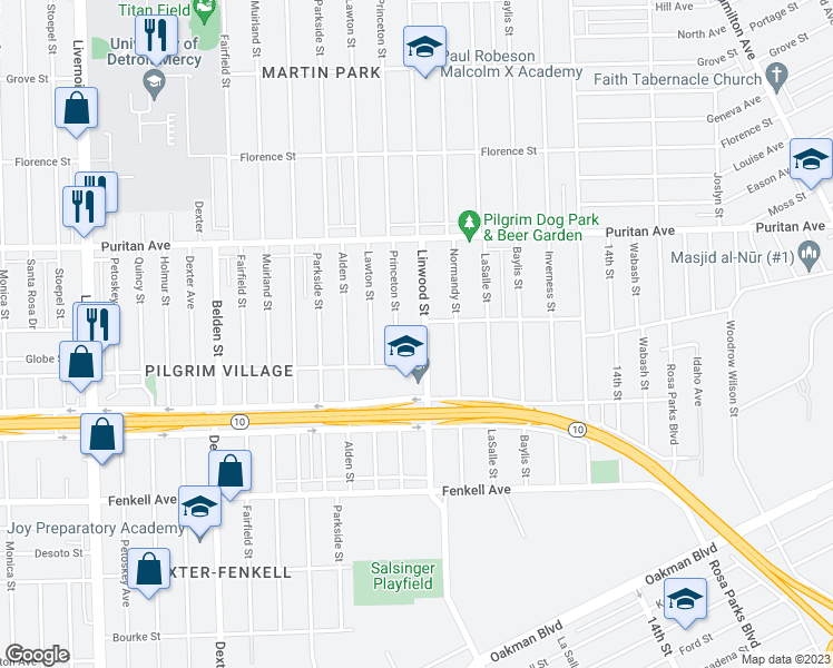 map of restaurants, bars, coffee shops, grocery stores, and more near 15759 Linwood Street in Detroit