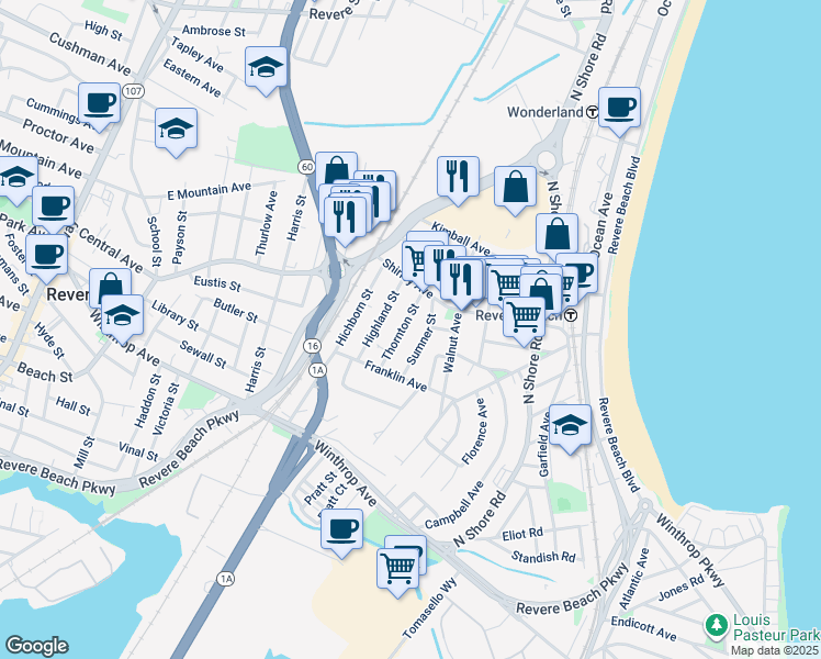 map of restaurants, bars, coffee shops, grocery stores, and more near 61 Highland Street in Revere
