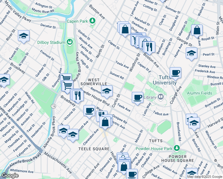 map of restaurants, bars, coffee shops, grocery stores, and more near 27 Curtis Avenue in Somerville