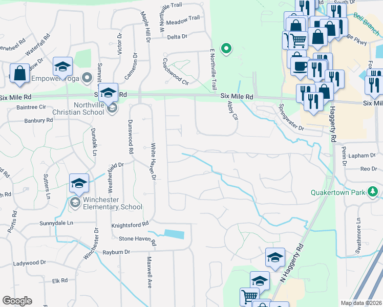 map of restaurants, bars, coffee shops, grocery stores, and more near 39536 Village Run Drive in Northville