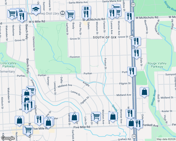 map of restaurants, bars, coffee shops, grocery stores, and more near 16174 Salem in Detroit