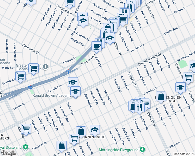 map of restaurants, bars, coffee shops, grocery stores, and more near 5745 Bedford Street in Detroit