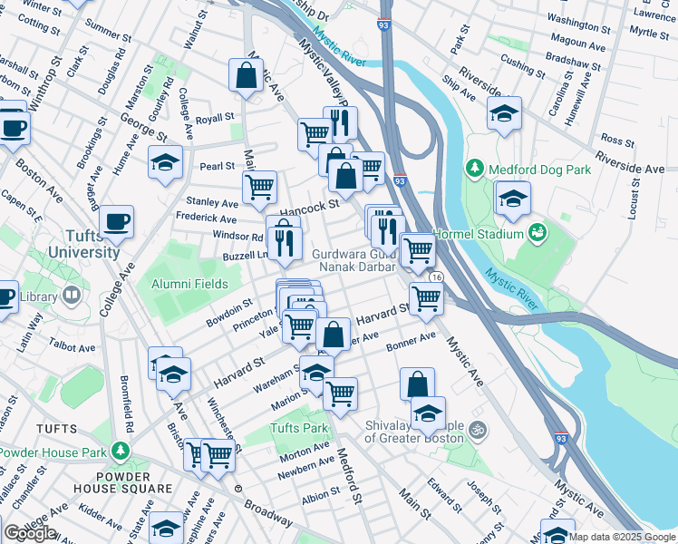 map of restaurants, bars, coffee shops, grocery stores, and more near Bowen Avenue in Medford