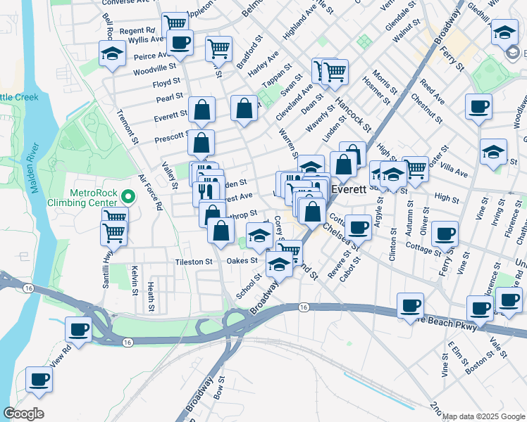 map of restaurants, bars, coffee shops, grocery stores, and more near 70 Winthrop Street in Everett