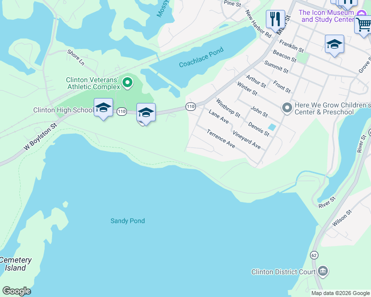 map of restaurants, bars, coffee shops, grocery stores, and more near 75 South Main Street in Clinton