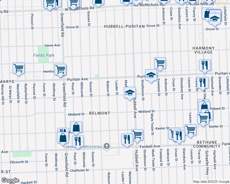 map of restaurants, bars, coffee shops, grocery stores, and more near 15858 Lauder Street in Detroit