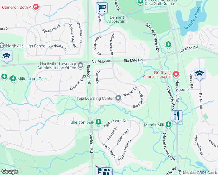 map of restaurants, bars, coffee shops, grocery stores, and more near 44139 Greenview Lane in Northville