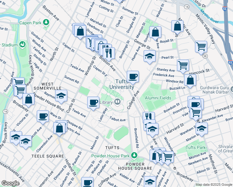 map of restaurants, bars, coffee shops, grocery stores, and more near 419 Boston Avenue in Medford