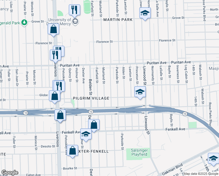 map of restaurants, bars, coffee shops, grocery stores, and more near 15804 Muirland Street in Detroit