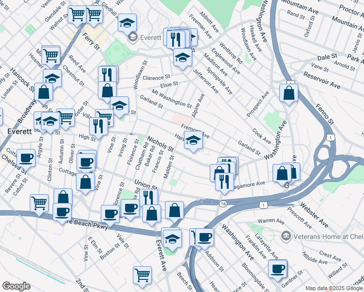 map of restaurants, bars, coffee shops, grocery stores, and more near 79 Harvard Street in Everett