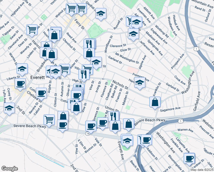 map of restaurants, bars, coffee shops, grocery stores, and more near Florence Street in Everett