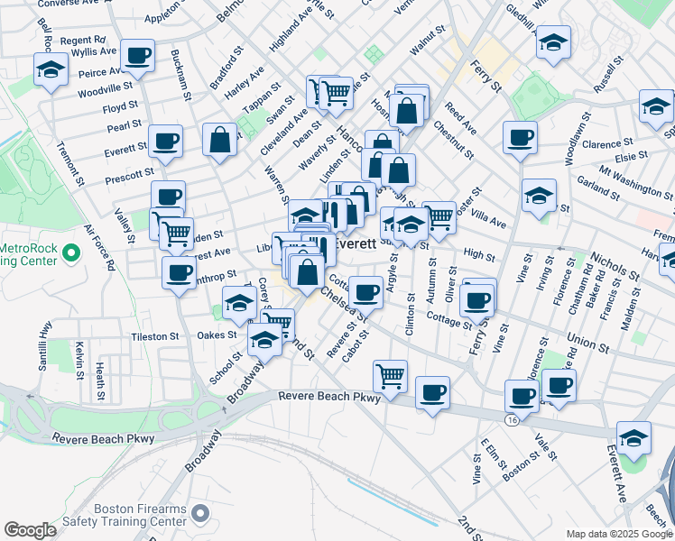 map of restaurants, bars, coffee shops, grocery stores, and more near 466 Broadway in Everett
