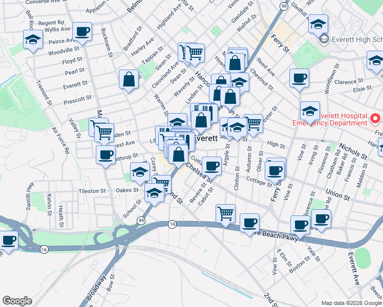 map of restaurants, bars, coffee shops, grocery stores, and more near 460 Broadway in Everett