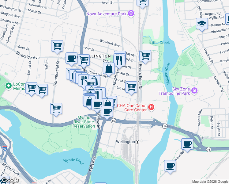map of restaurants, bars, coffee shops, grocery stores, and more near 167 Middlesex Avenue in Medford