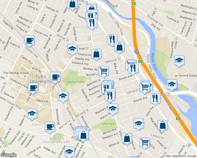 map of restaurants, bars, coffee shops, grocery stores, and more near 308 Main Street in Medford