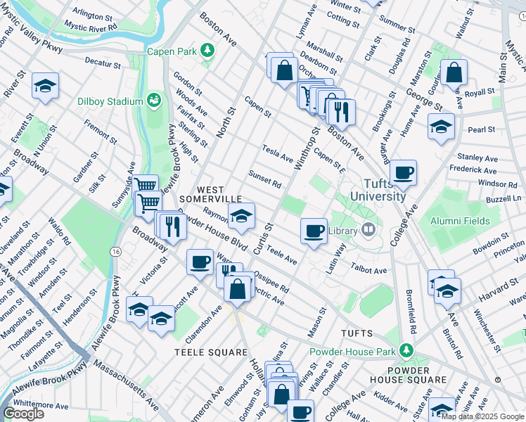 map of restaurants, bars, coffee shops, grocery stores, and more near 27 Curtis Avenue in Somerville