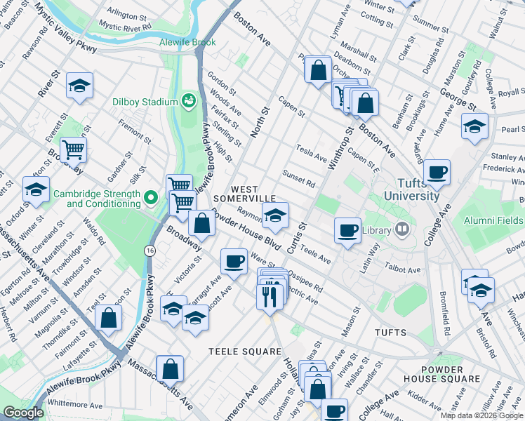 map of restaurants, bars, coffee shops, grocery stores, and more near 54 Curtis Avenue in Somerville