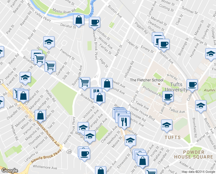 map of restaurants, bars, coffee shops, grocery stores, and more near in Somerville