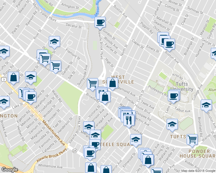 map of restaurants, bars, coffee shops, grocery stores, and more near 66 North Street in Somerville