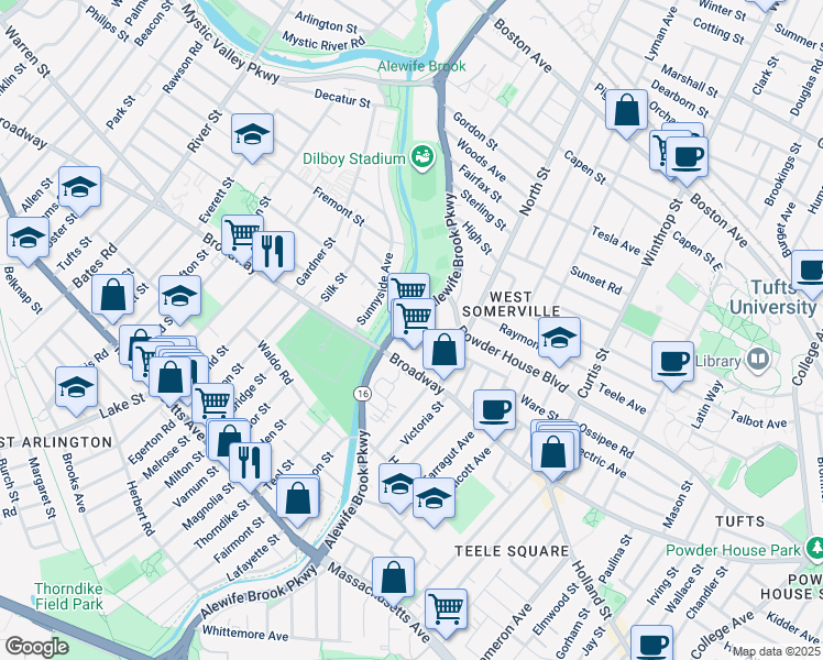 map of restaurants, bars, coffee shops, grocery stores, and more near 125c Alewife Brook Parkway in Somerville