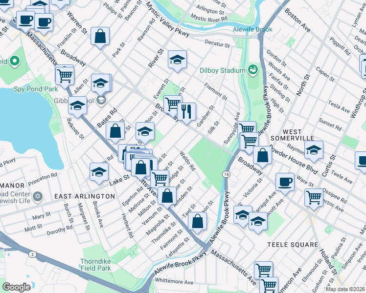 map of restaurants, bars, coffee shops, grocery stores, and more near 90 Marathon Street in Arlington